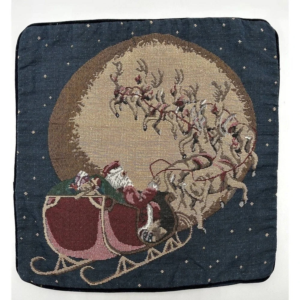 Christmas Tapestry Throw Pillow Santa Sleigh Snowy Village Wildlife 15X15 Lot 3
